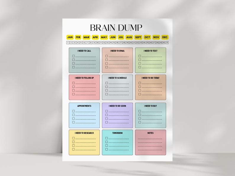 May include: A colorful Brain Dump planner with sections for tasks like calls, emails, and appointments. The planner features a monthly calendar at the top and task lists in various pastel colors. The title "BRAIN DUMP" is at the top.