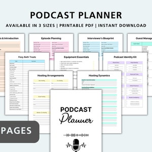 May include: A printable PDF podcast planner with 55+ pages. The planner includes sections for guest details, episode planning, interviewer's blueprint, equipment essentials, podcast identity kit, hosting arrangements, hosting dynamics, and guest management log. The planner is available in three sizes and features a microphone icon.