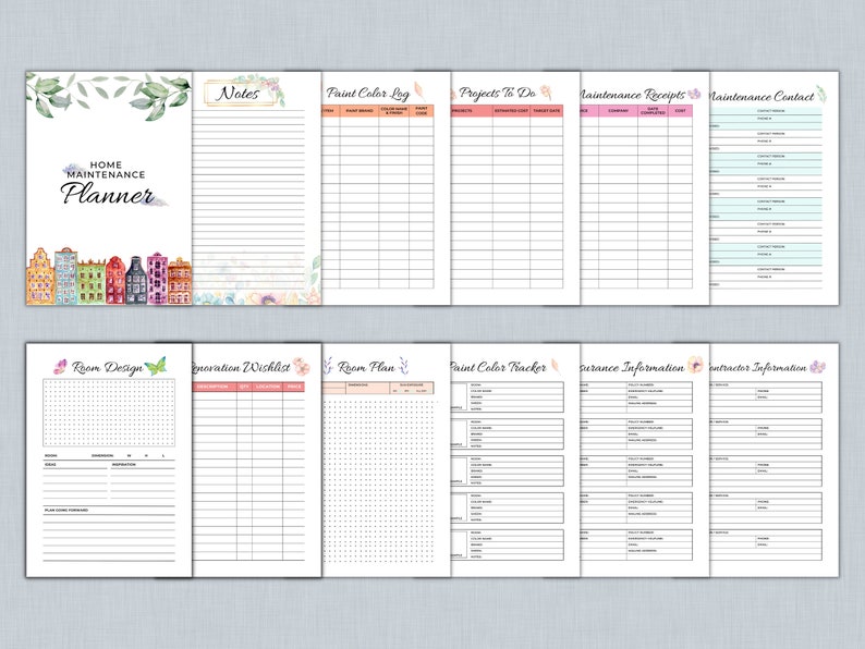 May include: A printable home maintenance planner with sections for notes, paint color log, projects to do, maintenance receipts, maintenance contact, room design, renovation wishlist, room plan, paint color tracker, insurance information, and contractor information. The planner features a watercolor floral design and a row of colorful houses.