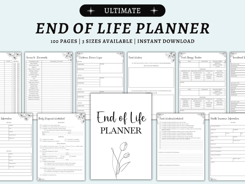 Puede incluir: Un planificador de fin de vida en blanco y negro con 100 p&aacute;ginas y 3 tama&ntilde;os disponibles. La portada presenta el t&iacute;tulo "End of Life Planner" con una ilustraci&oacute;n floral. Se muestran varias hojas de trabajo, incluyendo "Acceso a documentos" y "&Uacute;ltimos deseos."