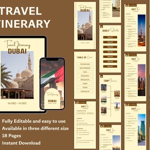 Dubai Travel Itinerary Template, Editable Travel Planner, Digital Travel Guide, Digital Vacation Schedule, Travel Agent Planner, Canva