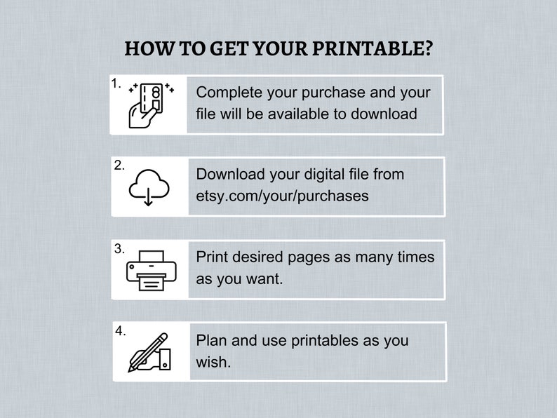 May include: A four-step guide on how to get your printable. The steps are: 1. Complete your purchase and your file will be available to download. 2. Download your digital file from etsy.com/your/purchases. 3. Print desired pages as many times as you want. 4. Plan and use printables as you wish.