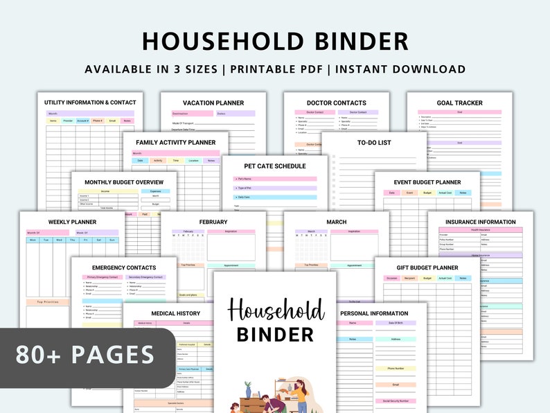 May include: A printable household binder with over 80 pages, featuring colorful tabs and sections for budgeting, planning, and tracking. The binder includes sections for utility information, vacation planning, family activities, monthly budget, weekly planner, emergency contacts, pet care, doctor contacts, to-do list, goal tracker, event budget, insurance information, gift budget, medical history, and personal information.