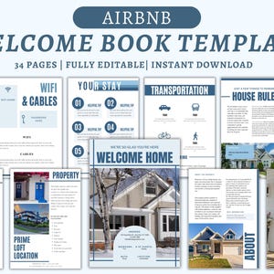 May include: A welcome book template for Airbnb hosts, featuring a blue and white color scheme. The template includes sections for WiFi and cables, your stay, transportation, house rules, and more. The text on the cover reads "Airbnb Welcome Book Template 34 Pages | Fully Editable | Instant Download".
