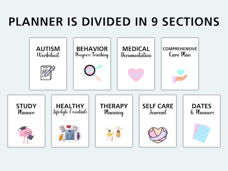 May include: A planner divided into nine sections with colorful icons and text. The sections include Autism Worksheet, Behavior Progress Tracking, Medical Documentation, Comprehensive Care Plan, Study Planner, Healthy Lifestyle Essentials, Therapy Planning, Self Care Journal, and Dates & Planners.