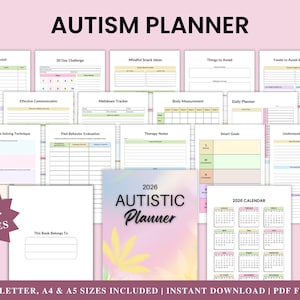 May include: A set of printable planner pages, including sections for health records, daily planning, and goal setting, with the title "AUTISM PLANNER". The cover of the planner is light pink with the text "2026 AUTISTIC Planner". The image also includes a 2026 calendar.