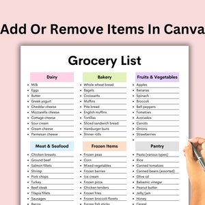May include: A grocery list template with categories like Dairy, Bakery, Fruits & Vegetables, Meat & Seafood, Frozen Items, and Pantry. The text "Add Or Remove Items In Canva" is at the top. A hand is holding a pen, pointing to the list.