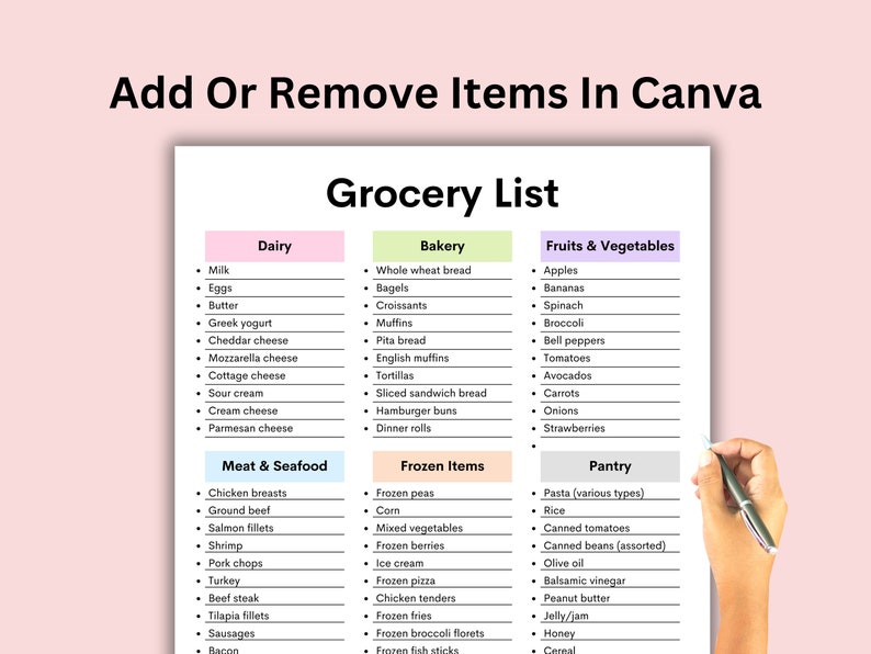 May include: A grocery list template with categories like Dairy, Bakery, Fruits & Vegetables, Meat & Seafood, Frozen Items, and Pantry. The text "Add Or Remove Items In Canva" is at the top. A hand is holding a pen, pointing to the list.