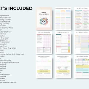 May include: A collection of printable cleaning planner pages. The pages include checklists for daily, weekly, and monthly tasks, decluttering challenges, and cleaning schedules. The cover features a cute cartoon character.