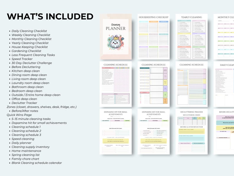 May include: A collection of printable cleaning planner pages. The pages include checklists for daily, weekly, and monthly tasks, decluttering challenges, and cleaning schedules. The cover features a cute cartoon character.