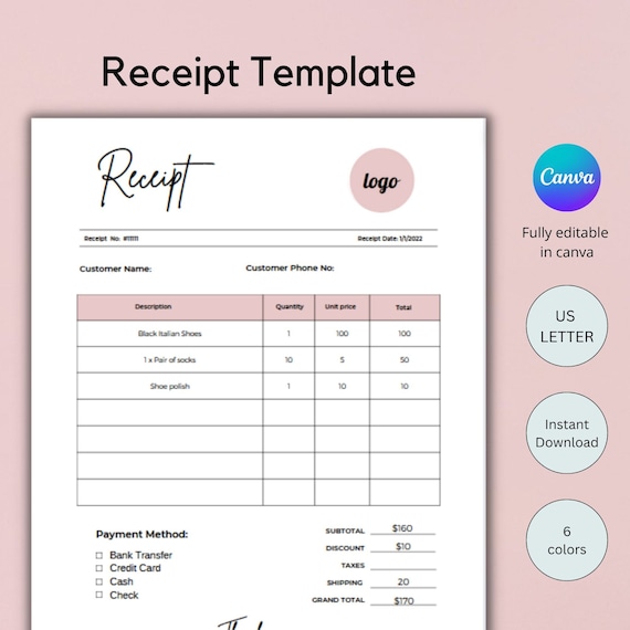 Editable Receipt Template Canva, invoice template, order form, Instant Download