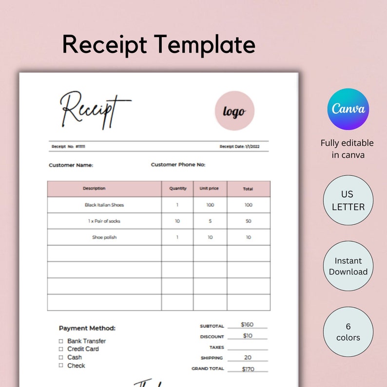 May include: A printable receipt template with a pink logo and the text "Receipt" in cursive. The template includes fields for customer name, phone number, date, description, quantity, unit price, total, payment method, subtotal, discount, taxes, shipping, and grand total.