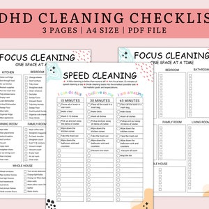 May include: A printable checklist for cleaning, designed for people with ADHD. The checklist is divided into three sections: Focus Cleaning, Speed Cleaning, and Whole House. Each section has a list of tasks to complete, with checkboxes next to each task. The checklist is designed to help people break down cleaning tasks into smaller, more manageable steps.