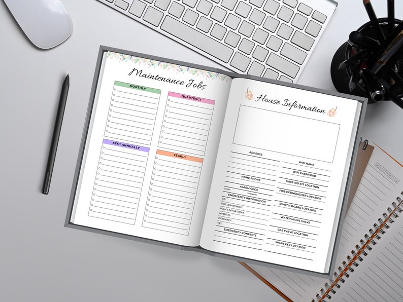 May include: A printable house maintenance and information log with sections for monthly, quarterly, semi-annually, and yearly tasks. The right page has a section for house information with fields for address, wifi name, home phone, alarm code, emergency information, and emergency contacts.