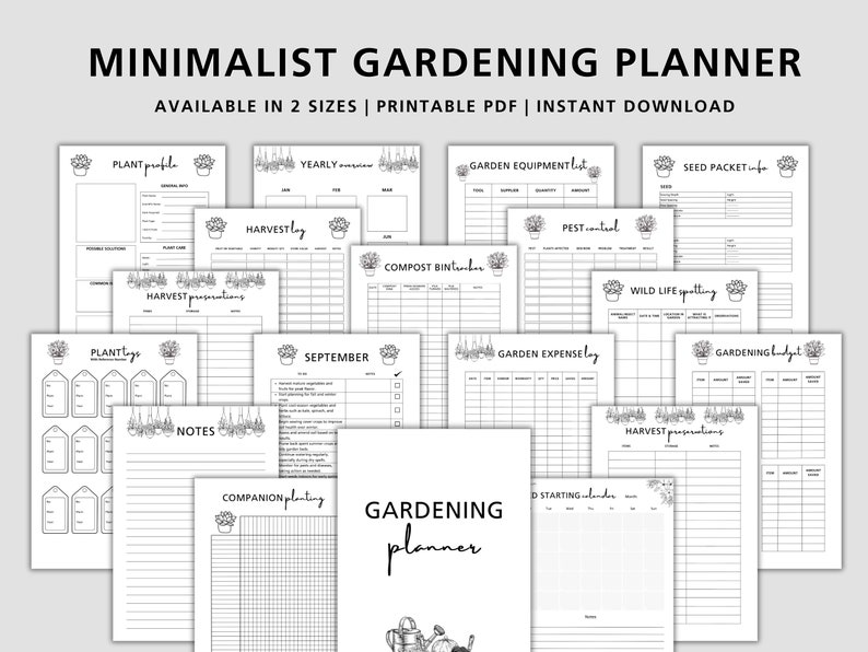 K&ouml;nnte beinhalten: Ein druckbarer Gartenplaner mit 14 verschiedenen Seiten, darunter ein Jahres&uuml;berblick, ein Erntetagebuch, Pflanzenprofile, Informationen zu Saatgutpaketen, Sch&auml;dlingsbek&auml;mpfung, Kompostbeh&auml;lter-Tracker, Wildtierbeobachtung, Garten-Ausgabenprotokoll, Gartenbudget, Begleitpflanzung und ein Gartenstartkalender. Die Seiten sind in Schwarzwei&szlig; mit einem minimalistischen Design.