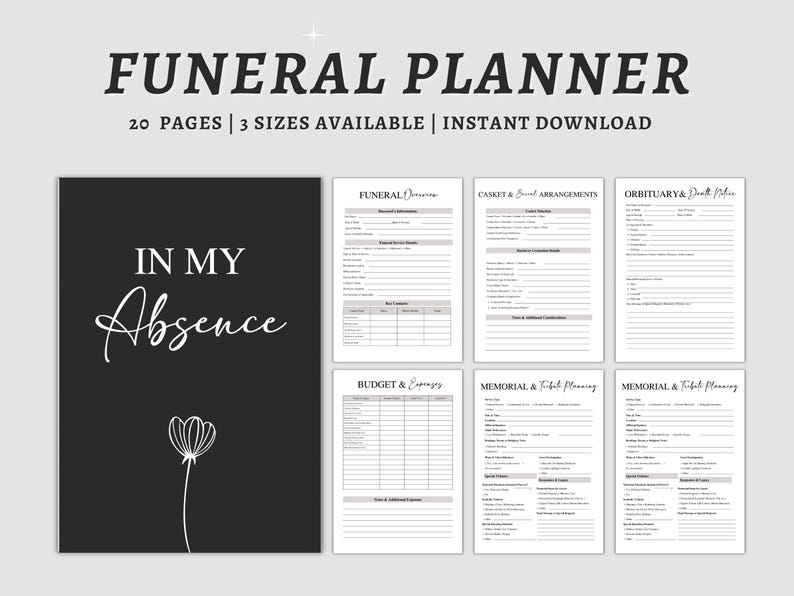 May include: A black and white funeral planner with the text "FUNERAL PLANNER" at the top. The planner includes pages for funeral details, casket arrangements, obituary notes, budget, and memorial planning. The cover reads "IN MY Absence".