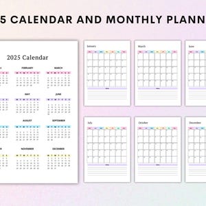 Pu&ograve; includere: Pagine di calendario e pianificatore mensile stampabili per il 2025. Il calendario &egrave; diviso in 12 mesi, con ogni mese visualizzato in una casella separata. Le pagine del pianificatore mensile sono vuote e hanno linee per scrivere.