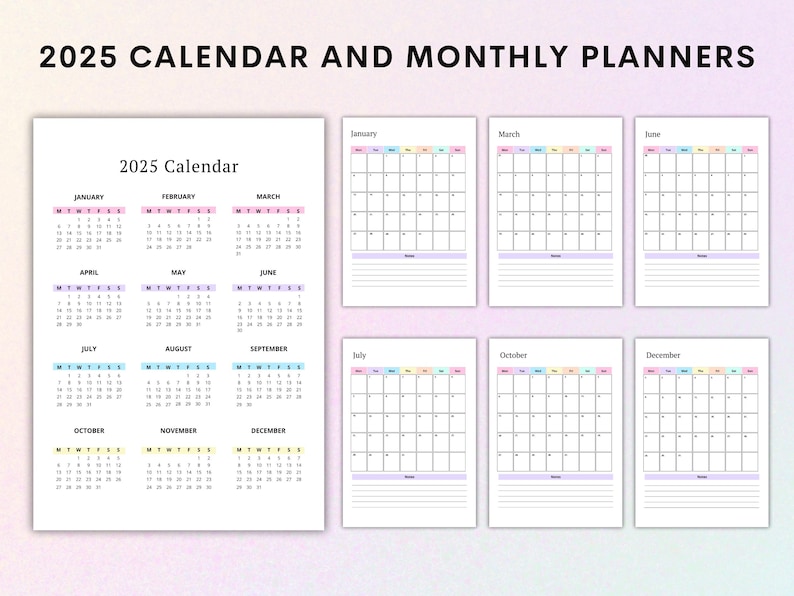 Pu&ograve; includere: Pagine di calendario e pianificatore mensile stampabili per il 2025. Il calendario &egrave; diviso in 12 mesi, con ogni mese visualizzato in una casella separata. Le pagine del pianificatore mensile sono vuote e hanno linee per scrivere.