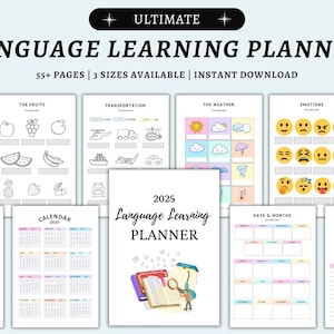 May include: A printable language learning planner with 55+ pages, available in three sizes. The planner includes pages for vocabulary, calendar, days and months, emotions, weather, transportation, colors, and fruits. The cover features a stack of books with a magnifying glass and a person looking at the books.