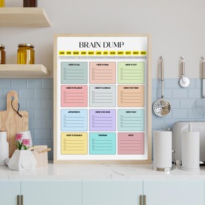 May include: A framed "Brain Dump" planner with colorful boxes for notes. The planner includes sections for calls, emails, and appointments. The background shows a kitchen setting with jars, a cutting board, and a plant.