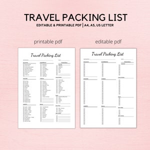 May include: Two printable and editable travel packing list templates on white paper. The lists include sections for documents, health/medical, essentials, toiletries, casual clothes, gadgets, makeup, beach wear, and other clothes. The title "TRAVEL PACKING LIST" is at the top.