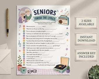 Könnte beinhalten: Ein druckbares Spielblatt mit dem Titel SENIORS FINISH THE LYRICS, das eine Liste mit 16 Lückentext-Fragen zu Liedtexten enthält. Das Design umfasst Illustrationen eines älteren Paares, eines Radios, eines Plattenspielers, einer Pflanze und einer Brille.