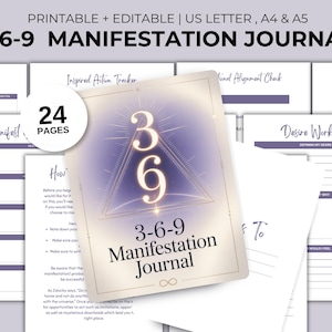 Może przedstawiać: Drukowany i edytowalny dziennik manifestacji 3-6-9 z 24 stronami. Okładka zawiera geometryczny wzór z liczbami 3 i 6 oraz tekst "3-6-9 Manifestation Journal". Zawiera rozmiary US Letter, A4 i A5.
