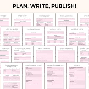 May include: A collection of pink and white planning sheets for writing, with the text "PLAN, WRITE, PUBLISH!" at the top. The sheets cover topics like genre, character profiles, story outline, and setting exploration, designed for writers.