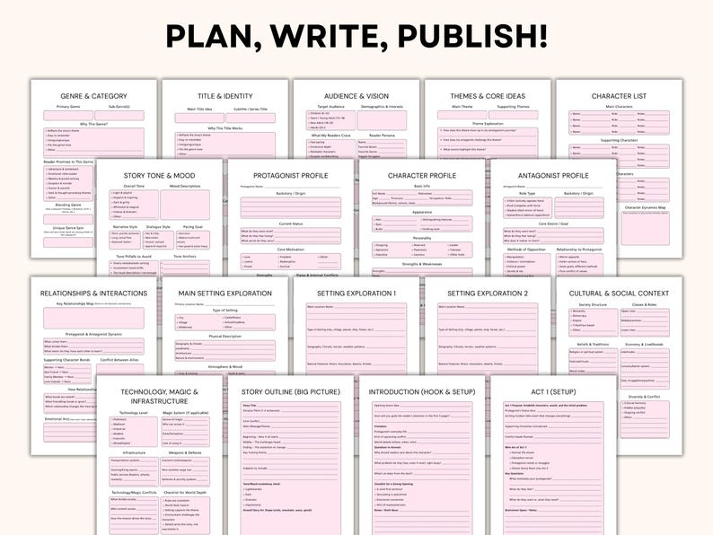 May include: A collection of pink and white planning sheets for writing, with the text "PLAN, WRITE, PUBLISH!" at the top. The sheets cover topics like genre, character profiles, story outline, and setting exploration, designed for writers.