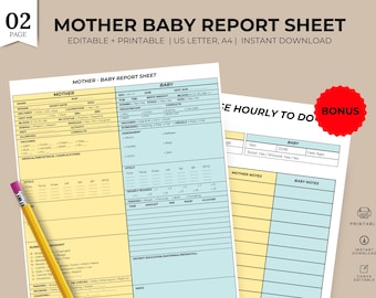 Mother Baby Report Sheet Printable | Postpartum Nurse Chart | Editable Newborn Charting Sheet | L&D Nursing Notes | US Letter A4