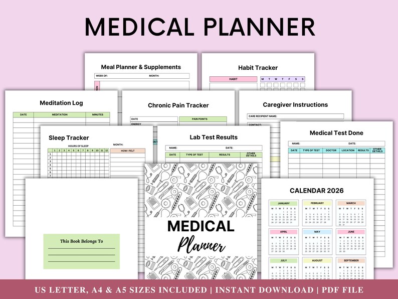 May include: A collection of printable medical planner pages, including a meditation log, sleep tracker, and chronic pain tracker. The planner also features a meal planner, habit tracker, and a 2026 calendar. The cover reads "Medical Planner".