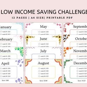 A6 Spar-Challenge Bundle mit geringem Einkommen, monatliche Spar-Challenge, Geld-Challenge, Spar-Tracker druckbar, sofort Download
