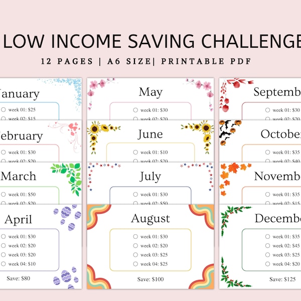 A6 Low Income Savings Challenge Bundle, Monthly Savings Challenge Bundle, Money Challenge, Savings Tracker Printable, Instant Download