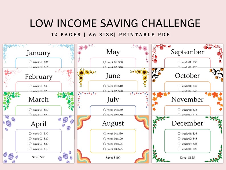 A6 Low Income Savings Challenge Bundle, Monthly Savings Challenge Bundle, Money Challenge, Savings Tracker Printable, Instant Download image 1