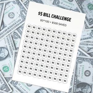 5 Dollar Bill Challenge Printable, Savings Challenge, Savings Tracker, Digital Download