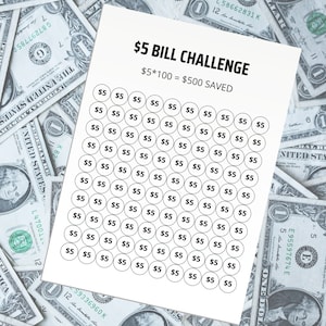 5 Dollar Bill Challenge Printable, Savings Challenge, Savings Tracker, Digital Download