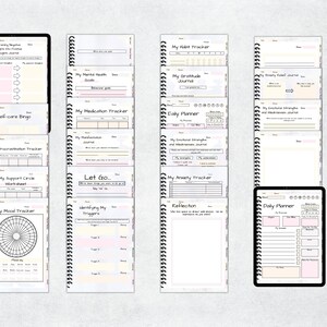 May include: A collection of printable planner pages and digital tablets. The pages include trackers for habits, gratitude, medication, and anxiety, along with a daily planner, self-care bingo, and mood tracker. The pages are in black and white with pastel accents.