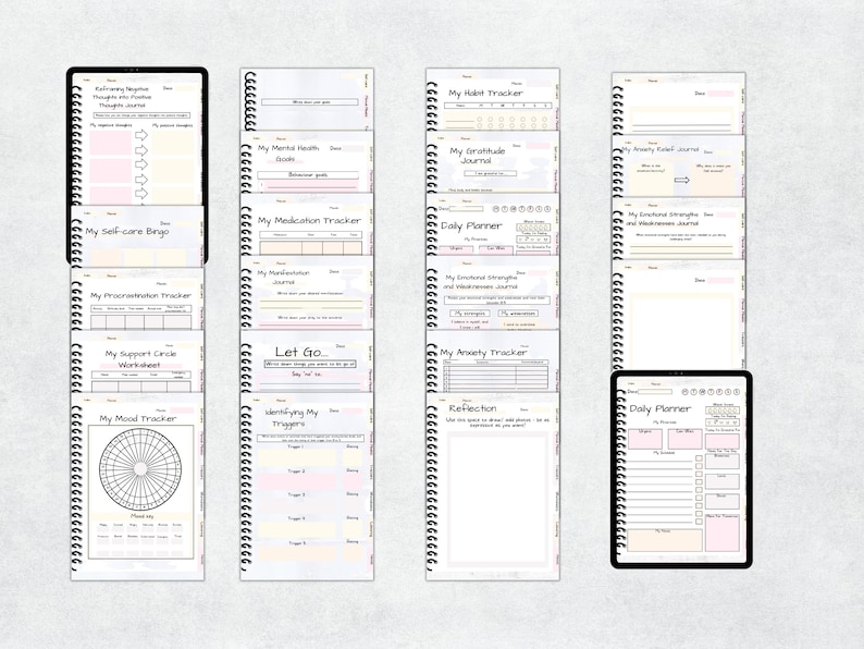 May include: A collection of printable planner pages and digital tablets. The pages include trackers for habits, gratitude, medication, and anxiety, along with a daily planner, self-care bingo, and mood tracker. The pages are in black and white with pastel accents.