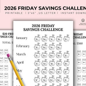 Puede incluir: Una hoja imprimible del Desafío de Ahorro del Viernes 2026 con fondo blanco. La hoja incluye un rastreador de ahorro con ilustraciones de cerditos y un rastreador de ahorro en tarros. Un lápiz amarillo con una goma de borrar rosa está a la izquierda.