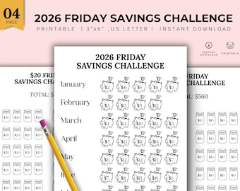 2026 Freitags Spar-Challenge | Druckbarer Ersparnis-Tracker | 4 Seite Geldspar-Challenge |Geldumschlag Budget | Sparen Sie Dollar | Geld sparen