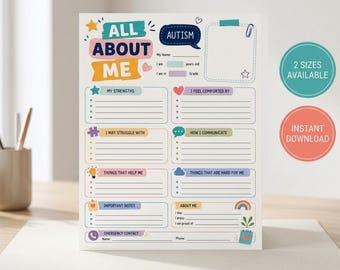 Alles über mich – Autismus, ADHS (druckbare Vorlage), Profil eines neurodiversen Kindes, Schülerinformationsblatt, Vorlage für Förderschulen, bearbeitbare Canva-Datei