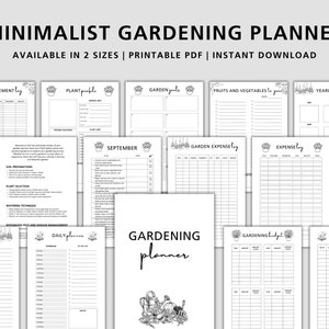 K&ouml;nnte beinhalten: Ein schwarz-wei&szlig;er druckbarer Gartenplaner mit Seiten f&uuml;r Bodenverbesserung, Pflanzenprofile, Gartennotizen, Ausgaben, Ernte und einen Jahres&uuml;berblick. Der Planer enth&auml;lt den Text "Minimalist Gardening Planner" und "Available in 2 sizes | Printable PDF | Instant Download".