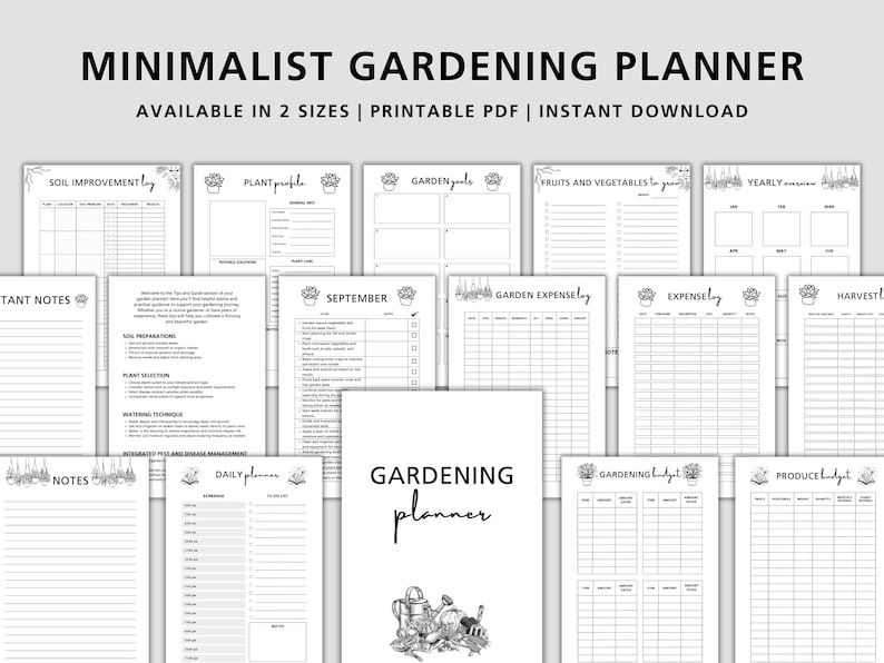 K&ouml;nnte beinhalten: Ein schwarz-wei&szlig;er druckbarer Gartenplaner mit Seiten f&uuml;r Bodenverbesserung, Pflanzenprofile, Gartennotizen, Ausgaben, Ernte und einen Jahres&uuml;berblick. Der Planer enth&auml;lt den Text "Minimalist Gardening Planner" und "Available in 2 sizes | Printable PDF | Instant Download".