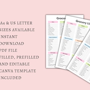 May include: A stack of printable grocery lists with sections for dairy, bakery, meat, seafood, beverages, and frozen items. The lists are in A4 and US Letter sizes, available for instant download as a PDF file, and include a Canva template.
