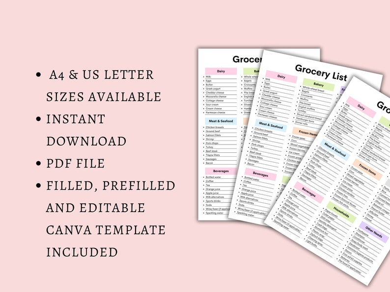 May include: A stack of printable grocery lists with sections for dairy, bakery, meat, seafood, beverages, and frozen items. The lists are in A4 and US Letter sizes, available for instant download as a PDF file, and include a Canva template.