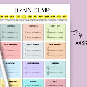 May include: A Brain Dump planner in A4 size with sections for tasks like calls, emails, and appointments. The planner features a monthly calendar and a white pen on the left side. The background is a soft purple.