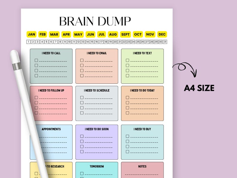 May include: A Brain Dump planner in A4 size with sections for tasks like calls, emails, and appointments. The planner features a monthly calendar and a white pen on the left side. The background is a soft purple.