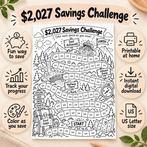 May include: A black and white printable savings challenge sheet titled $2,027 Savings Challenge. The design features a winding path through a mountain landscape with numbered spaces to color, a treasure chest, a compass, and a backpack.