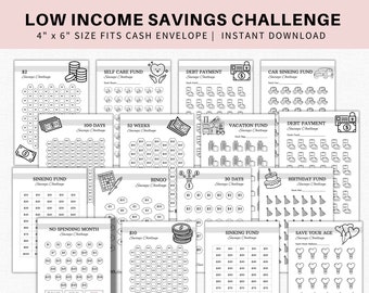Druckbare Low Income Savings Challenge Bundle, druckbare Savings Challenges für A6 Cash Umschläge, Geld Challenge, Instant Download