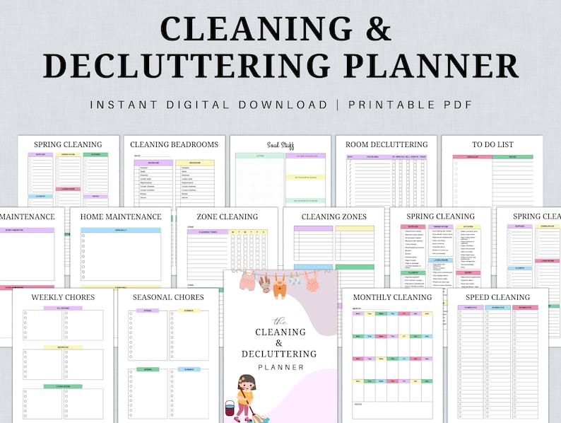 May include: Printable cleaning and decluttering planner with colourful checklists and sections for spring cleaning, weekly chores, seasonal chores, monthly cleaning, speed cleaning, zone cleaning, cleaning zones, room decluttering, cleaning bedrooms, home maintenance, and a to-do list. The planner has a cute cartoon illustration of a person cleaning.